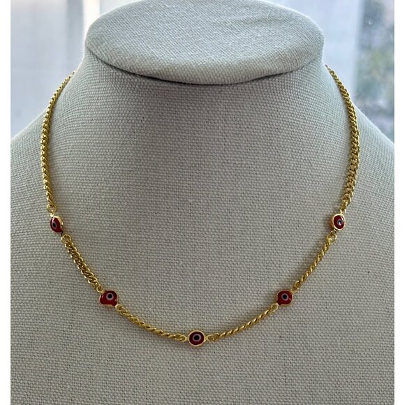 Gold Chain Necklace With Red & Black Evil Eye Charms Adjustable Length Dainty & - Picture 1 of 5